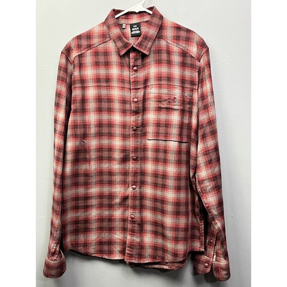 Under Armour Shirt Mens Large Red Gray Plaid Flannel‎ Snap Front Shirt Pocket - Picture 1 of 8